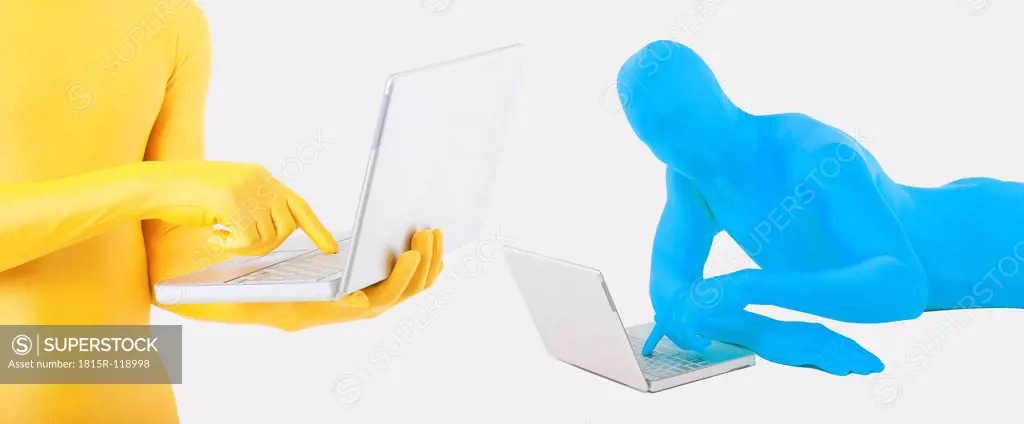 Men in yellow and blue zentai using laptop