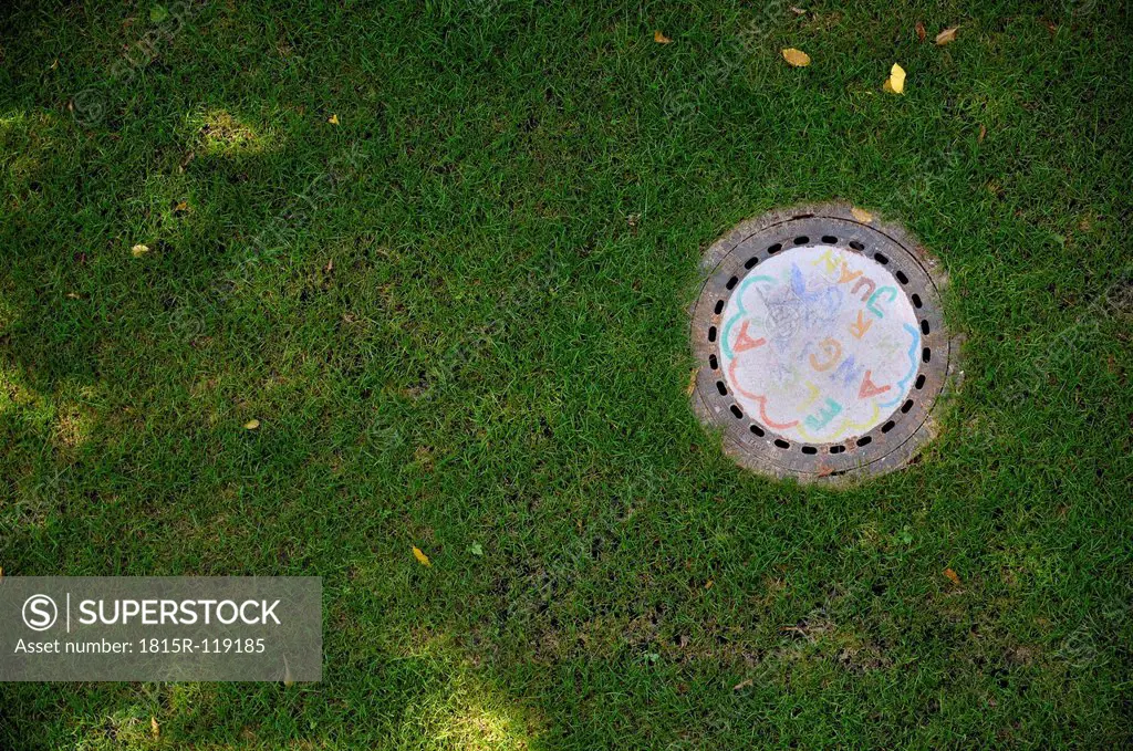 Germany, Bavaria, Munich, Painted manhole cover on meadow