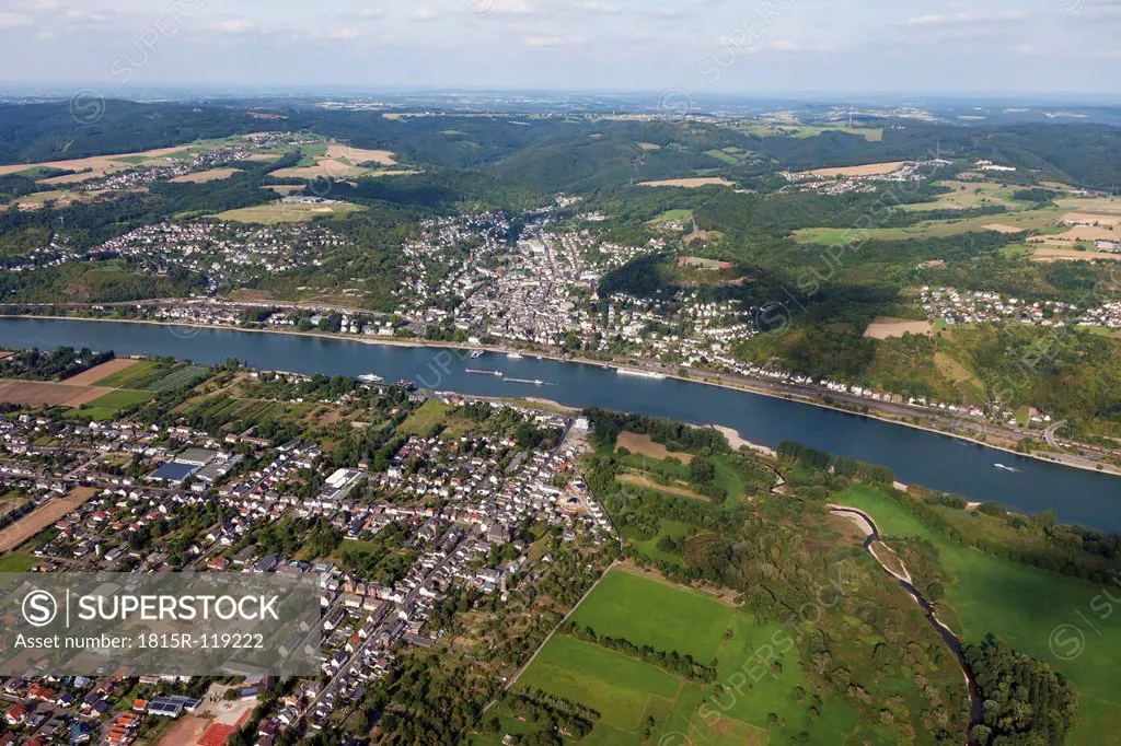 Europe, Germany, Rhineland Palatinate, Aerial view of confluence of river Ahr and river Rhine, town of Kripp in foreground
