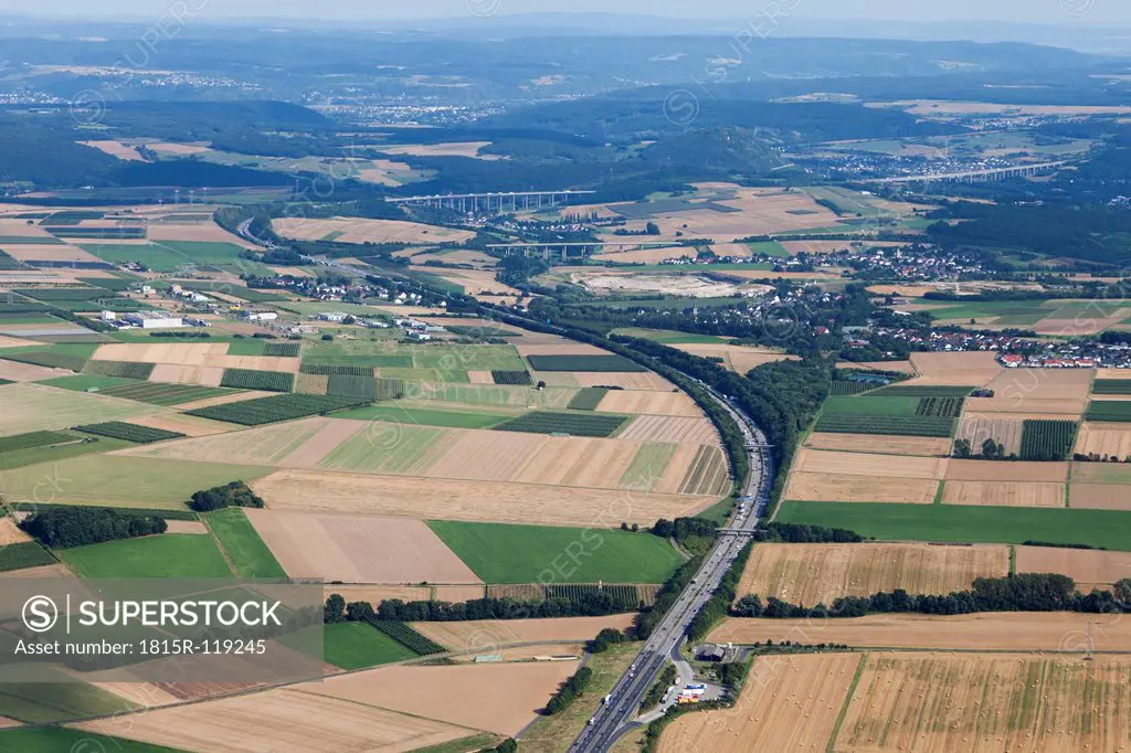 Europe, Germany, Rhineland_Palatinate, Aerial view of freeway A61 and A573
