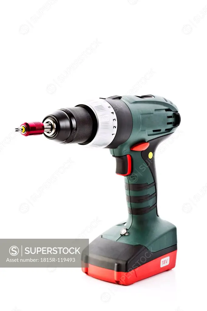 Cordless power drill on white background, close up