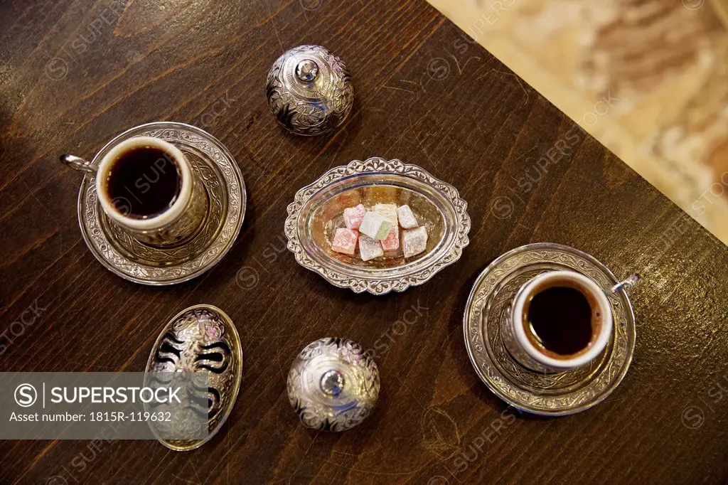 Europe, Turkey, Istanbul, Mocha coffee in golden cups