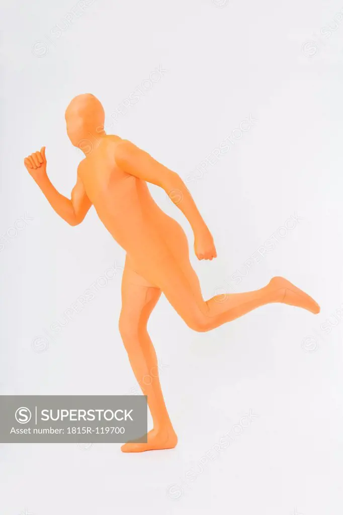 Mature man running in orange zentai on white background