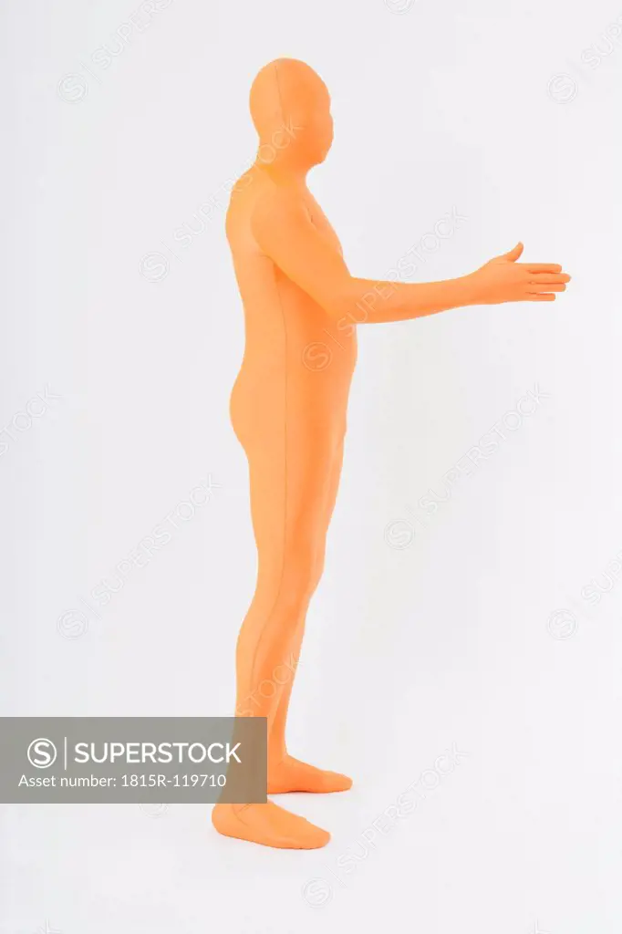 Mature man in orange zentai approaching shake hand