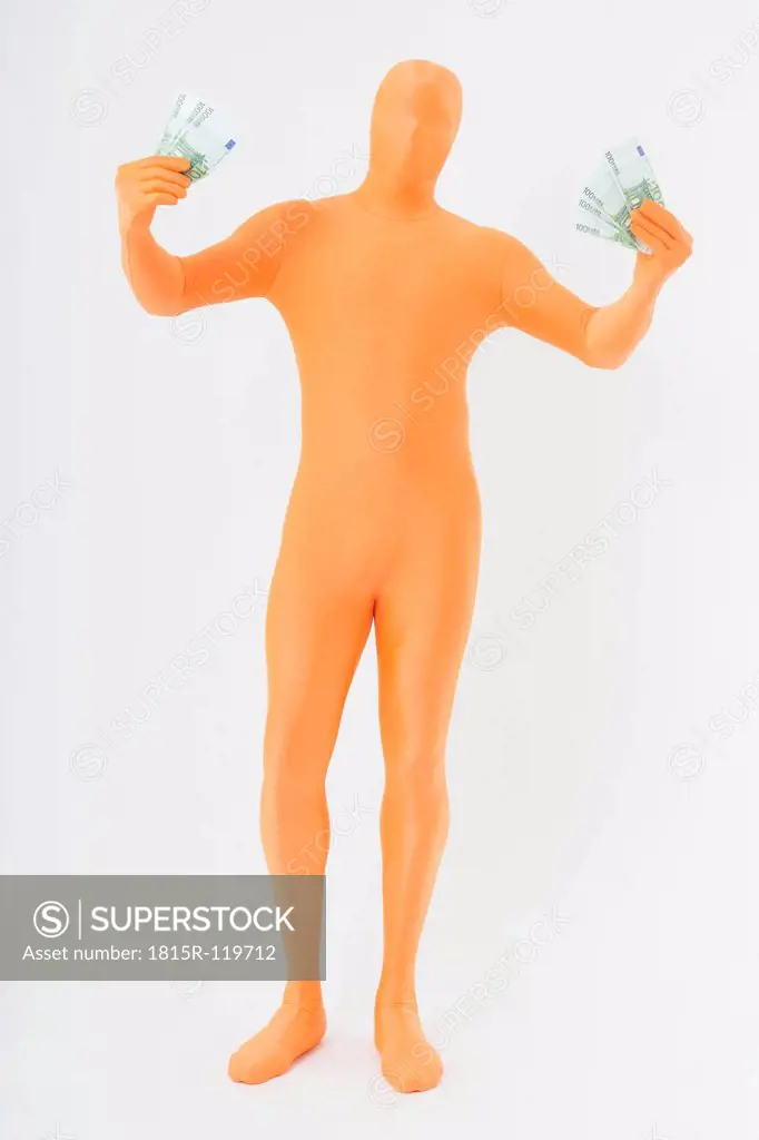 Mature man in orange zentai holding euro notes