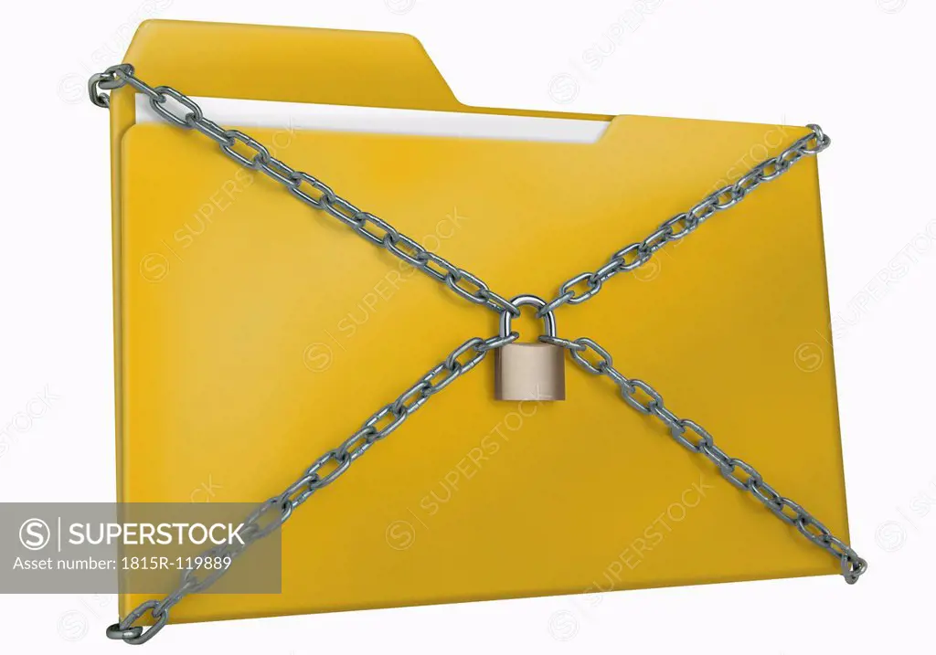 Workbook with chain and lock against white background, close up