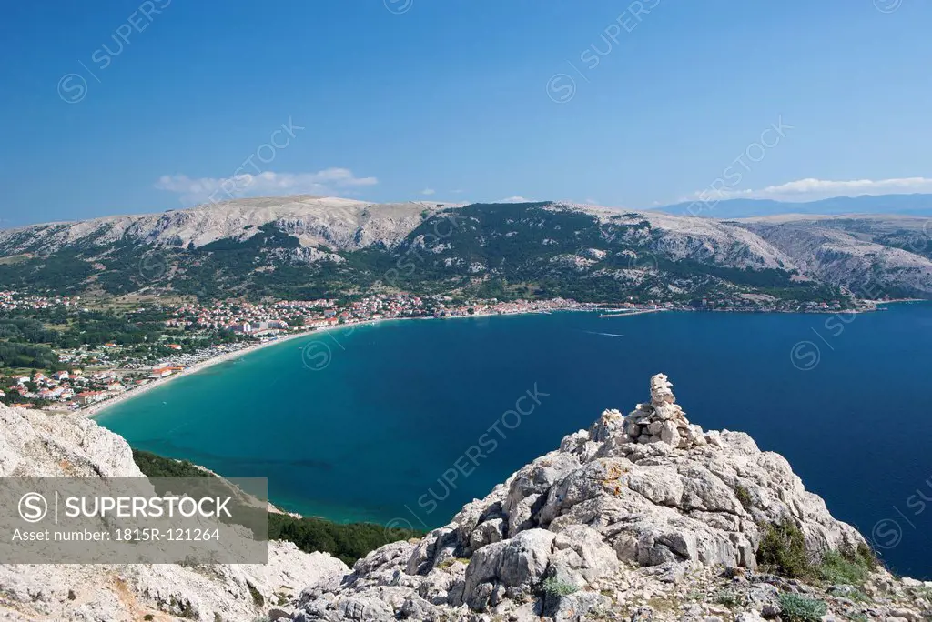Croatia, View of Adriatic sea at Krk island with Baska town