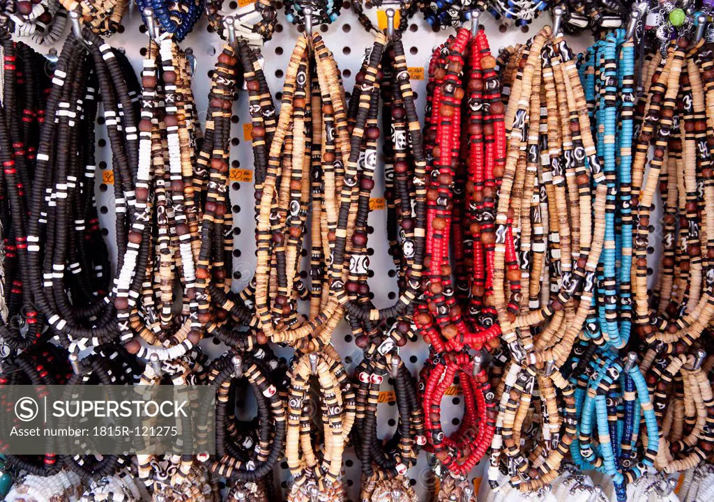 Croatia, Various necklace hanging in shop at Baska