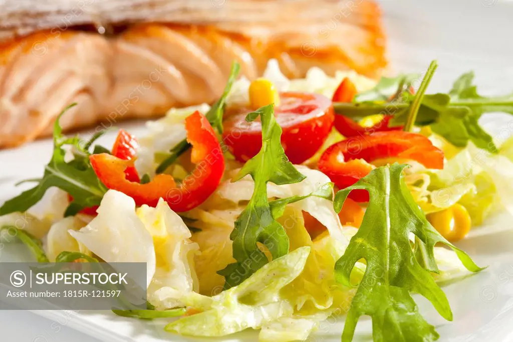 Plate of salmon fillet with mixed salad, close up
