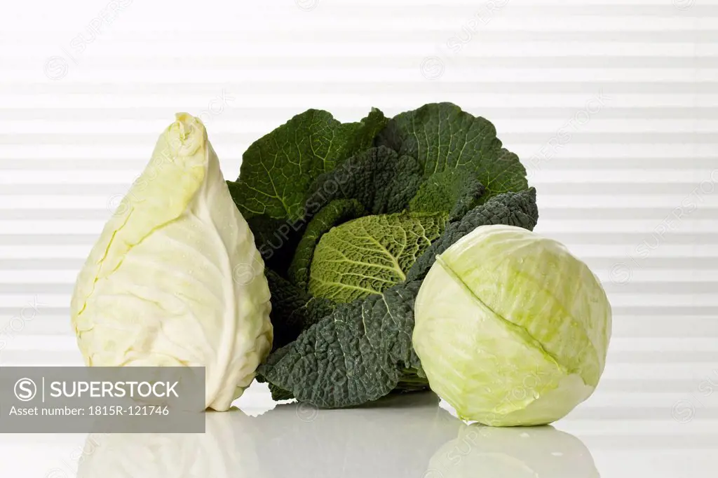Savoy cabbage, pointed cabbage and white cabbage, close up