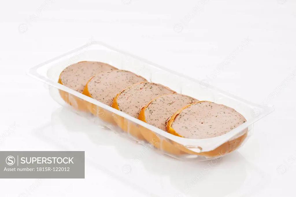 Chive liver sausage in plastic tray, close up