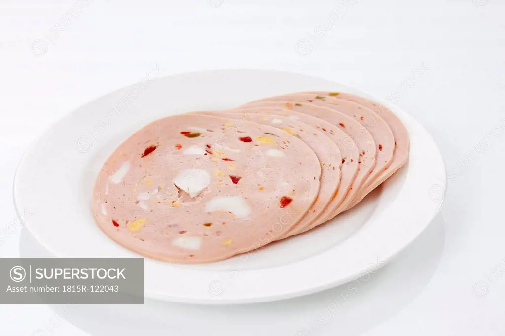 Plate of mortadella sausage with egg and paprika, close up