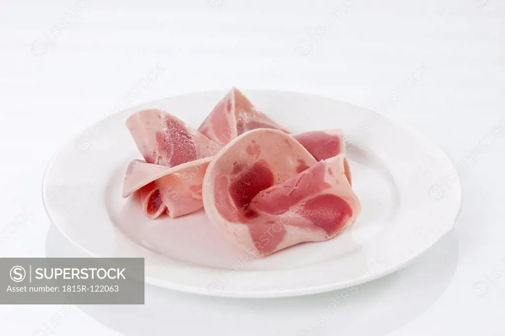 Ham sausage on plate, close up