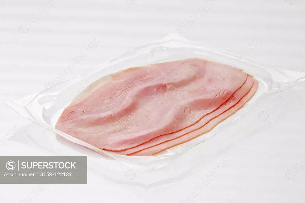 Boiled ham in plastic tray, close up