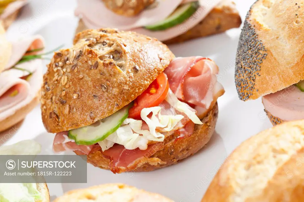 Variety of bread rolls sandwiches with mixed cold cuts on white background, close up