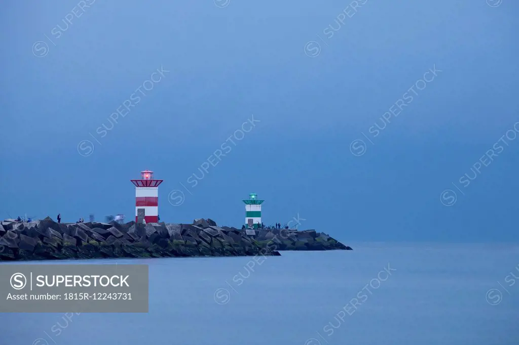 Netherlands, South Holland, The Hague, Scheveningen, Lighthouse in the evening