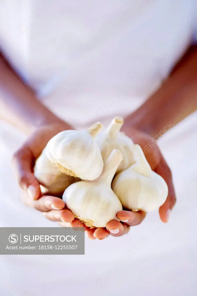 Woman's hands holding garlic bulbs