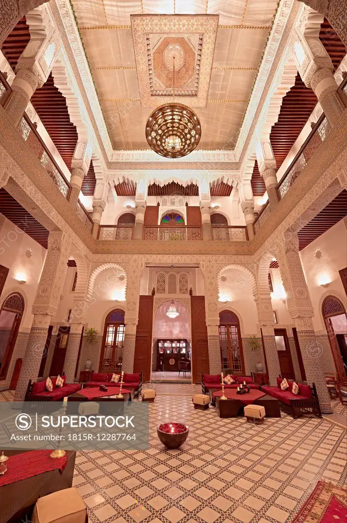 Morocco, Fes, Hotel Riad Fes, lighted entrance hall