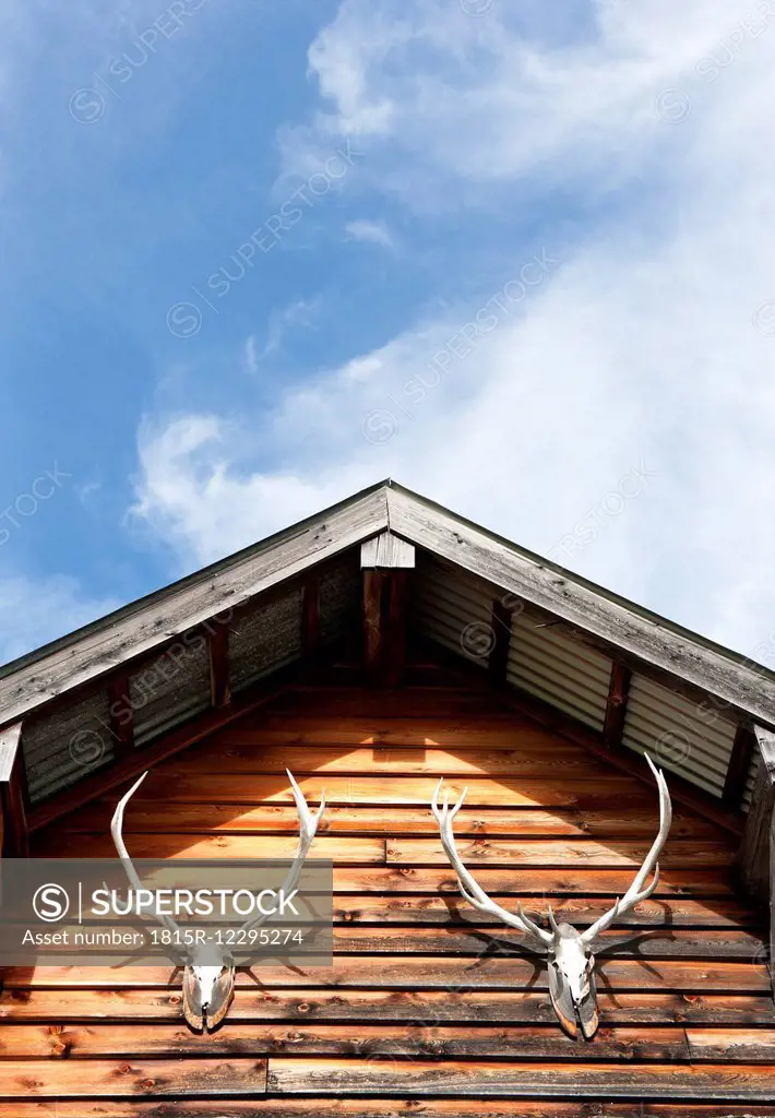 Austria, Salzburg State, Wooden house with deer antlers
