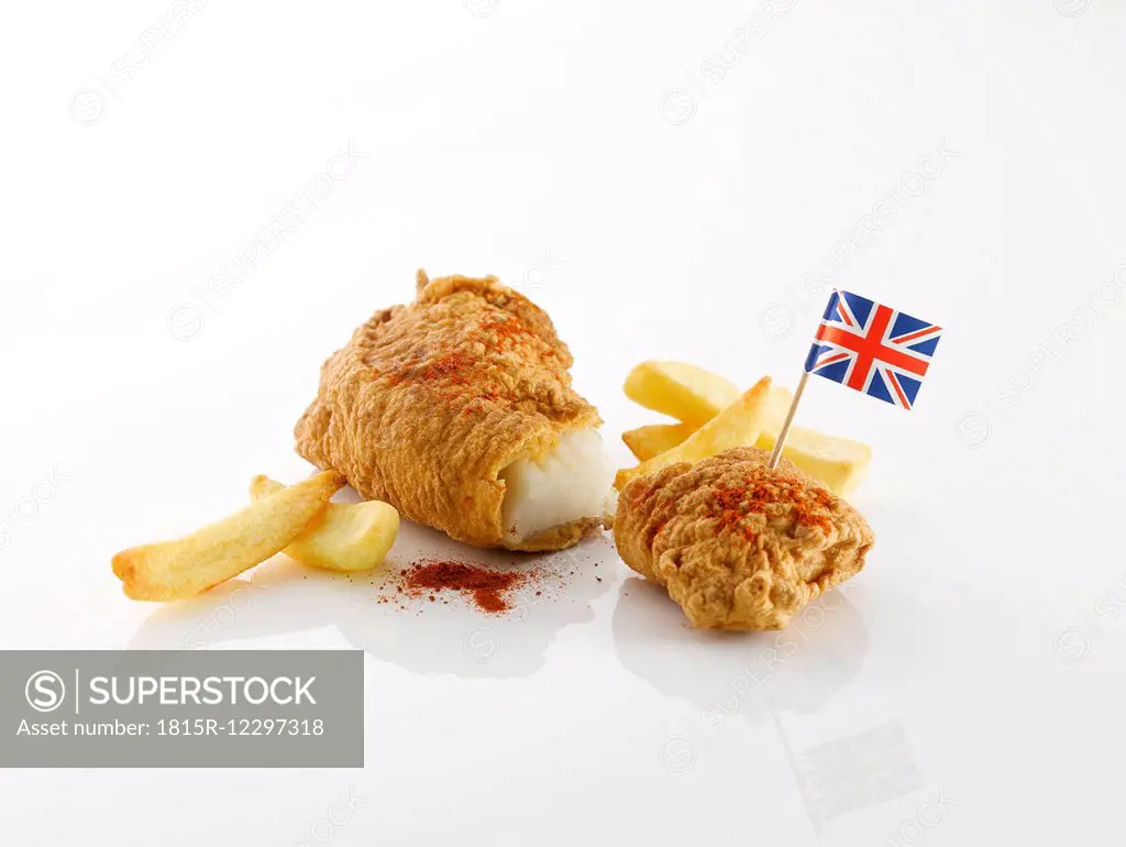 Fish and chips with British flag