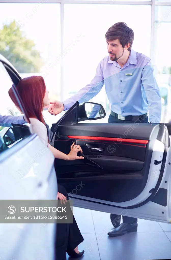 Car dealer talking to client