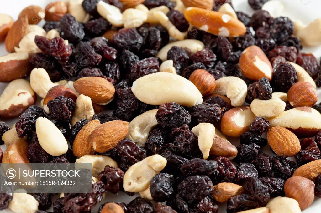 Variety of nuts and raisins, close up