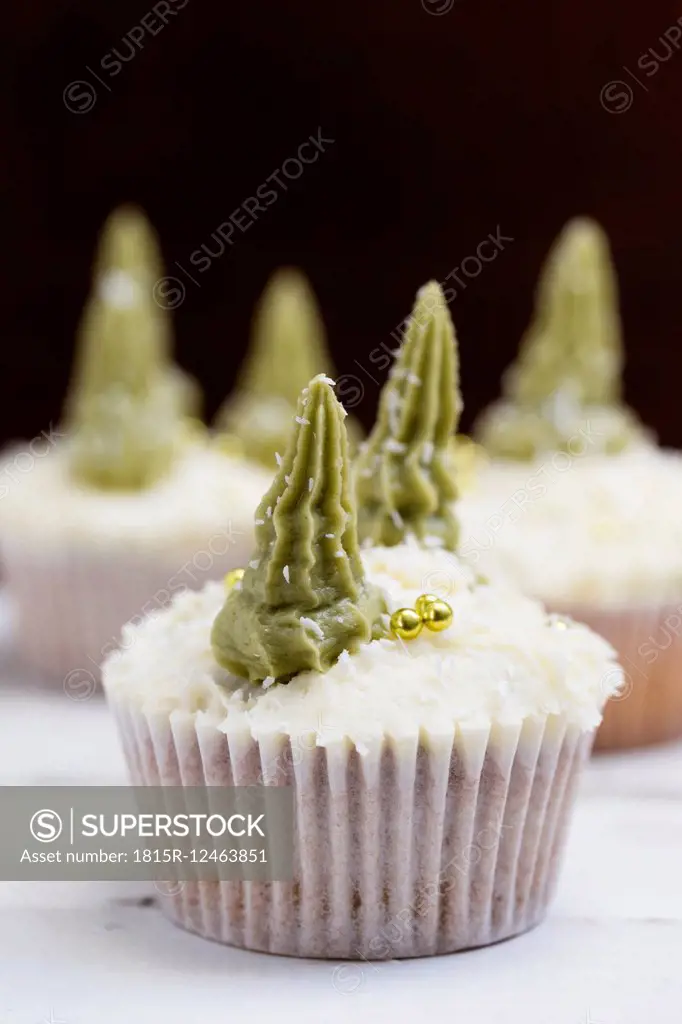 Homemade Christmas cupcakes with fir trees