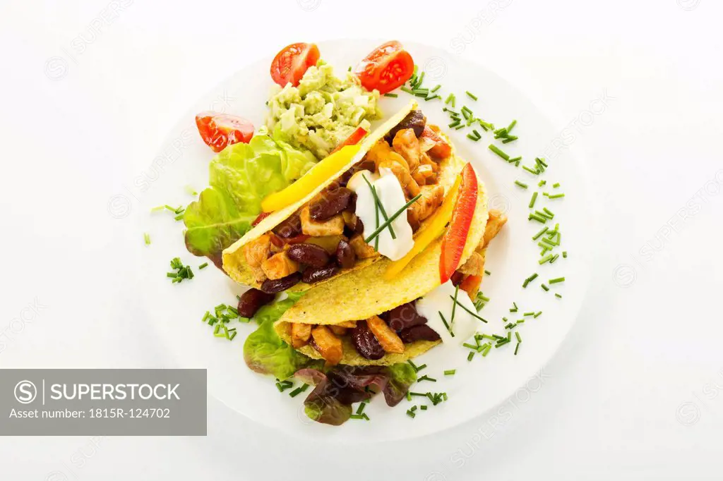 Tacos with chicken on plate, close up