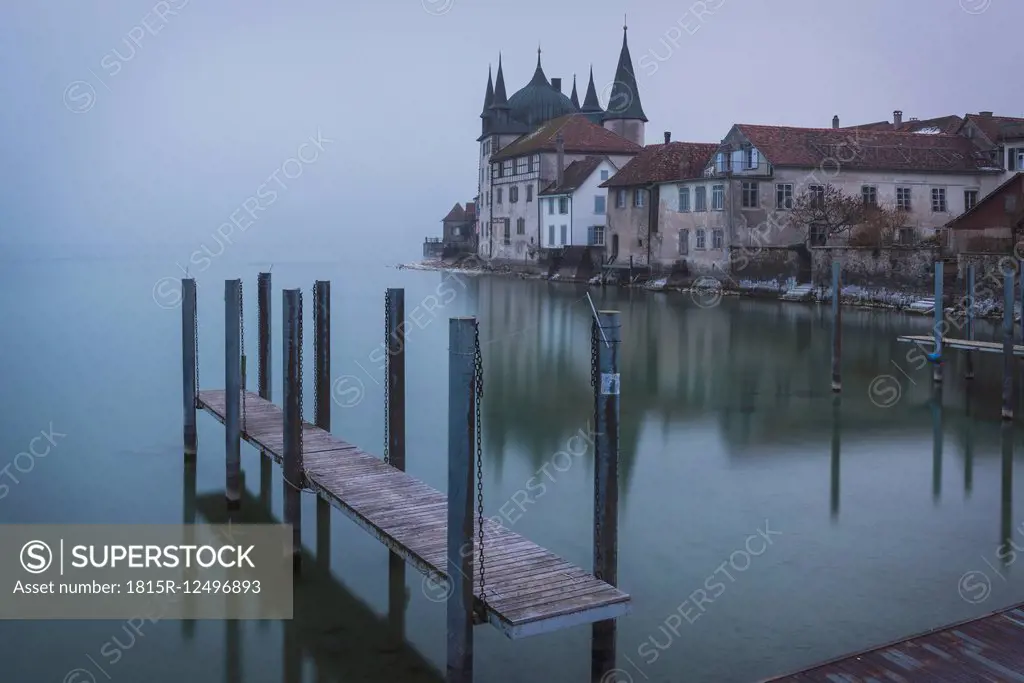 Switzerland, Thurgau, Steckborn, View from jetty to Turmhof at Lake Constance in the morning