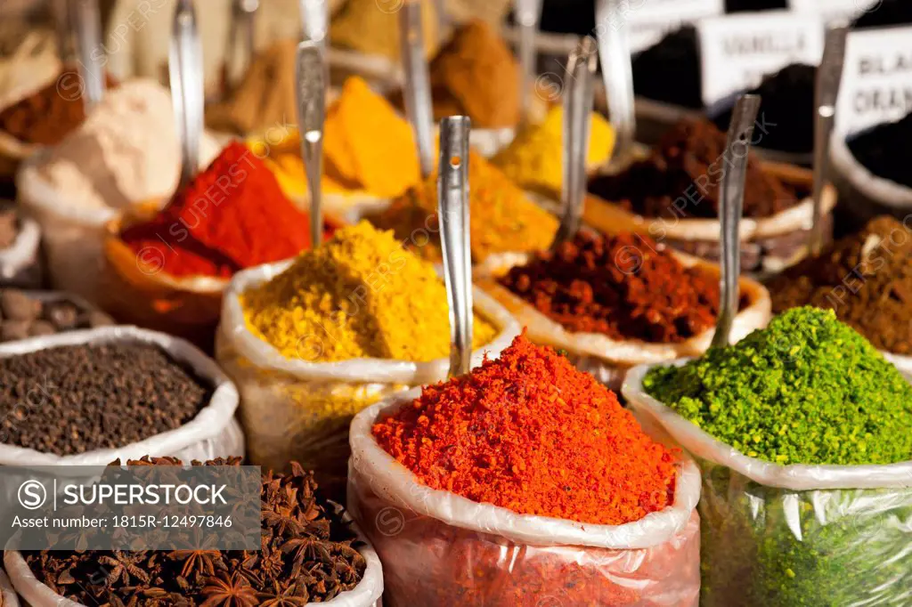 India, Goa, Anjuna, plastic bags of spices on market