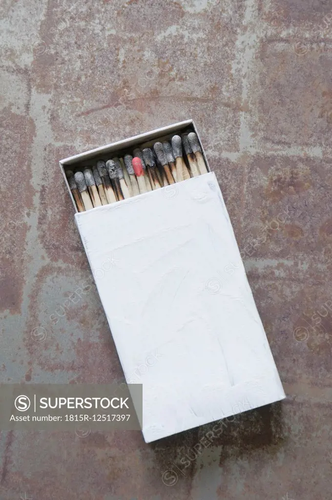 Matchbox with burnt matches except one