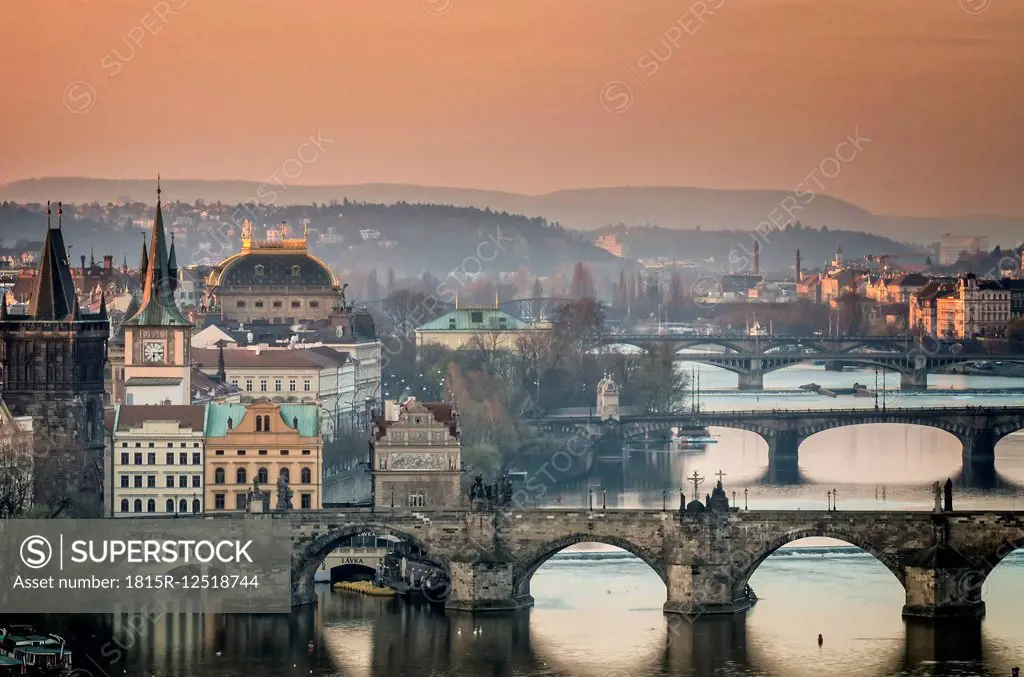 Czech Republic, Prague, cityscape with Charles Bridge at dawn