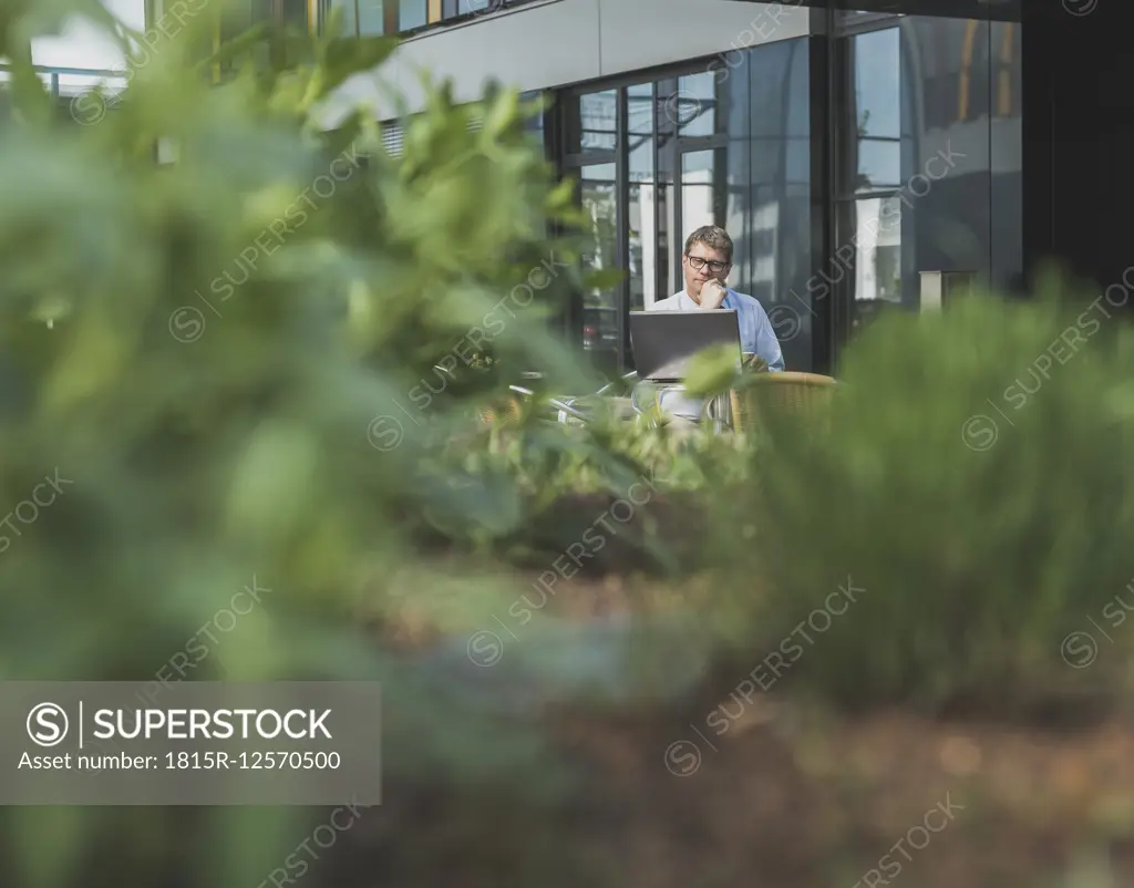Germany, Businessman sitting in cafeteria working at laptop