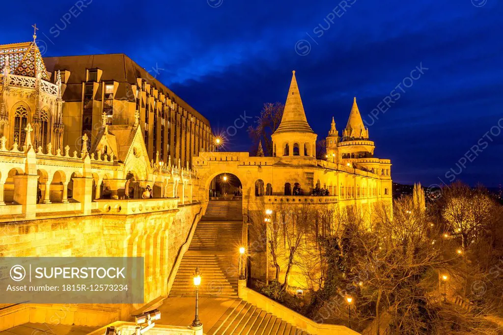 Hungary, Budapest, View to Fisherman's Bastion, blue hour