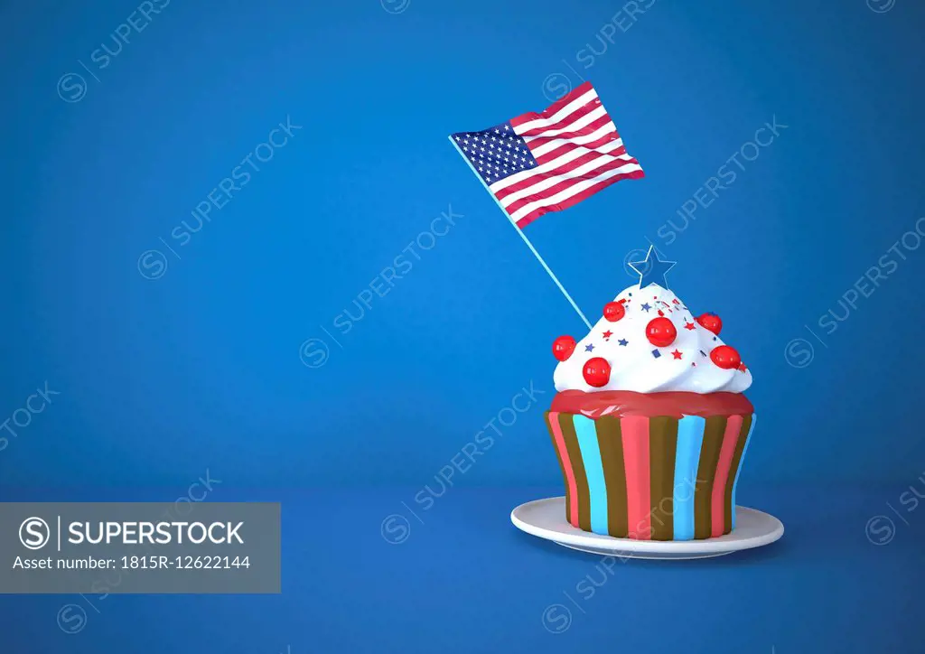 Cupcake with US American flag against blue background