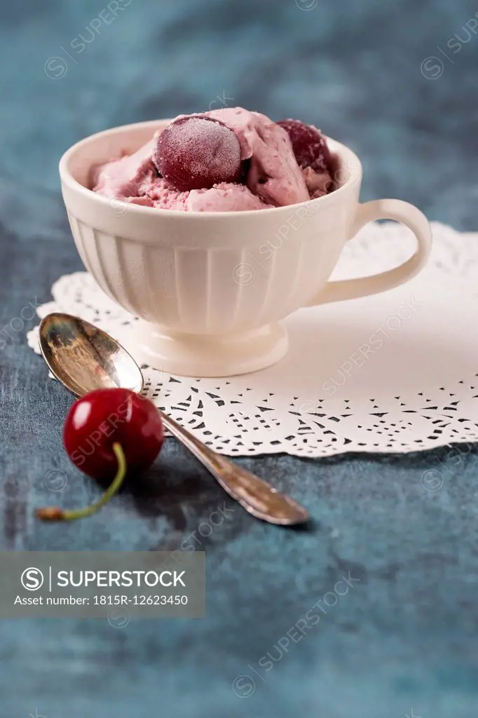 Homemade cherry ice cream in cup