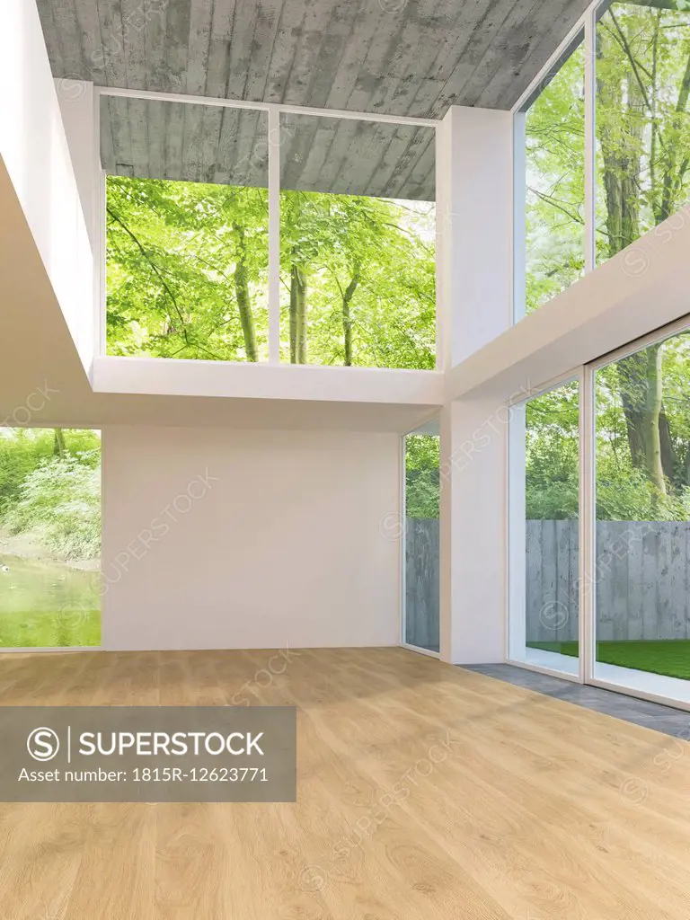3D Rendering of modern home interior with view to garden