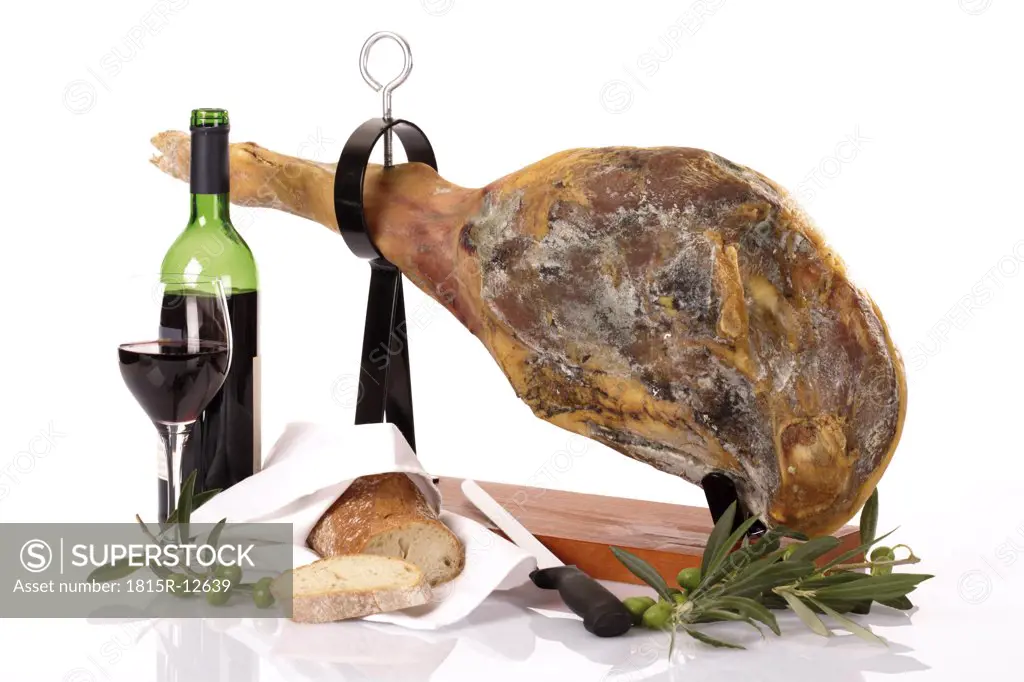 Serrano ham and red wine, close-up