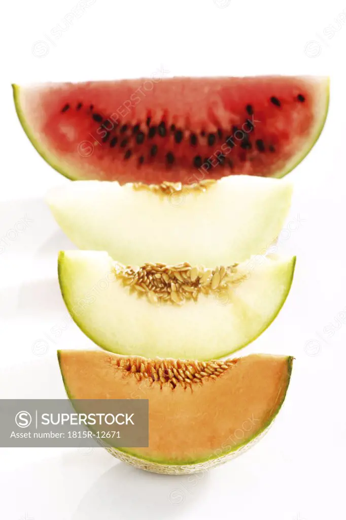 Various sliced melons, elevated view