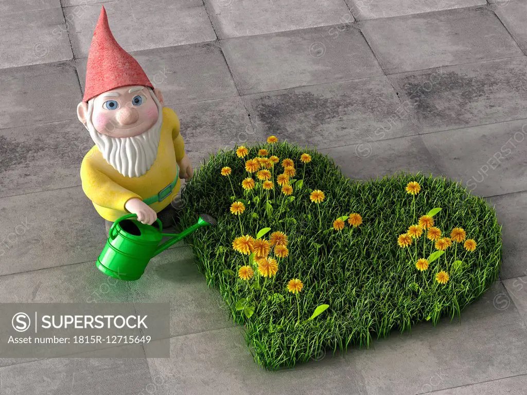 Garden gnome watering heart-shaped meadow with dandelions, 3D Rendering