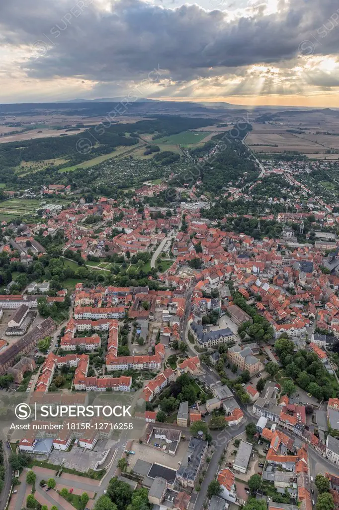 Germany, aerial view of Quedlinburg in the evening