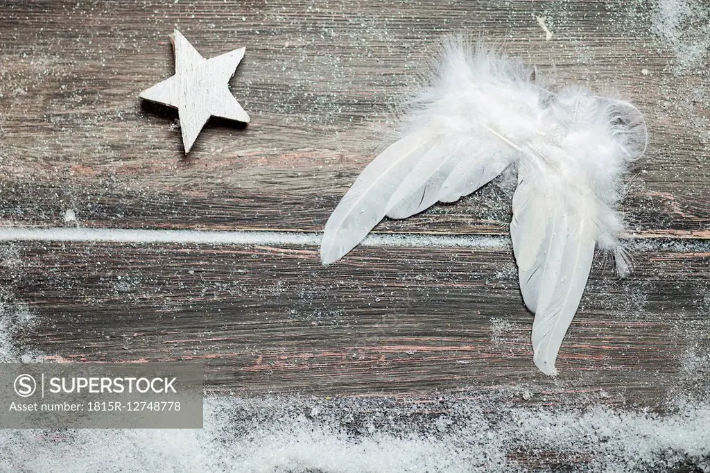 Christmas decoration, angel wings on wood, star, artificial snow, copy space