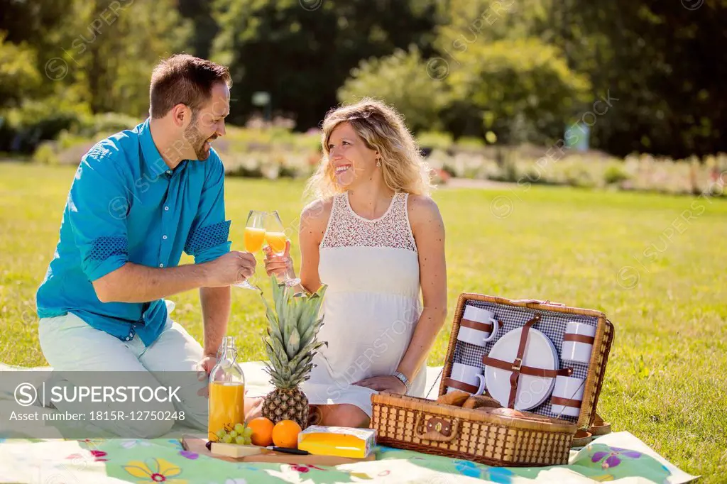 Happy couple having a picnic in park, pregnant woman