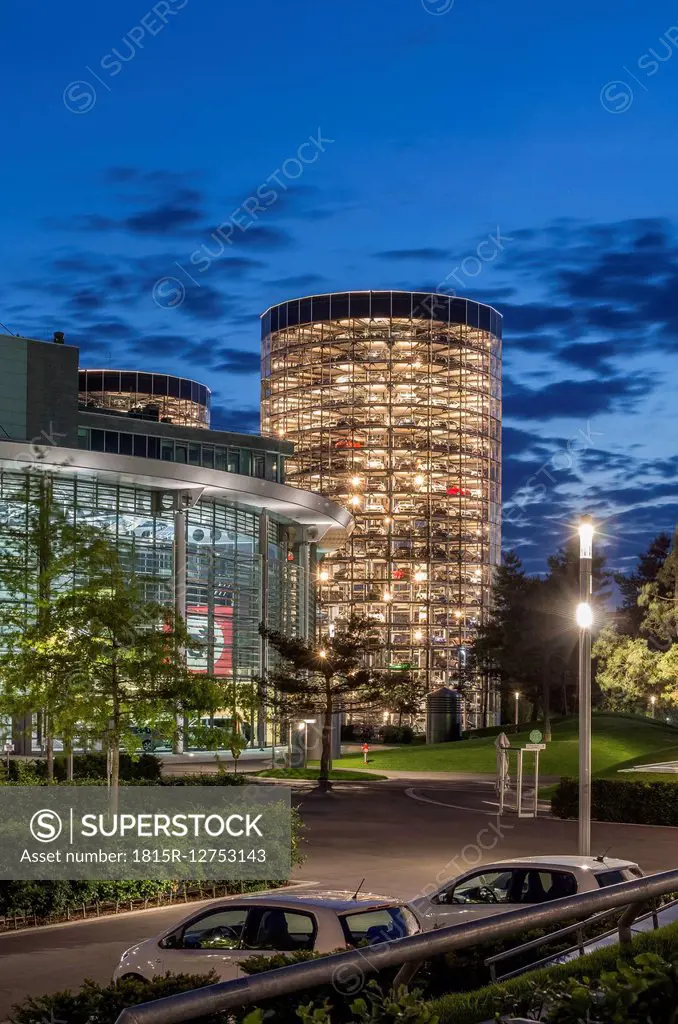 Germany, Lower Saxony, Wolfsburg, Autostadt, Automobile museum in the evening