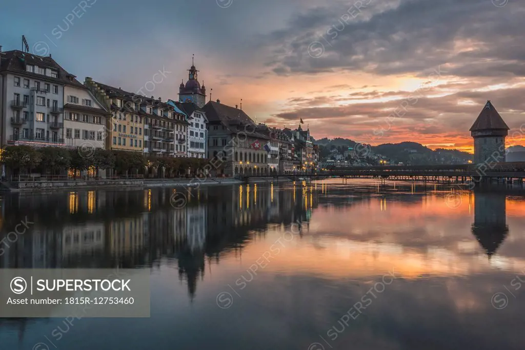 Switzerland, Lucerne, Old town, Chapel bridge at sunset