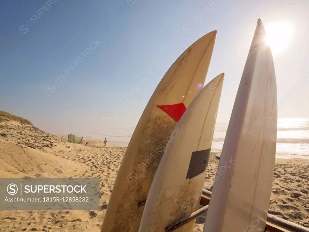 France, Contis-Plage, surfboards on the beach