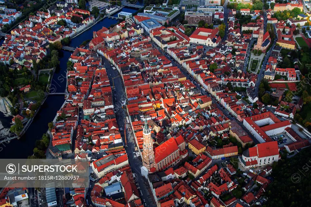 Germany, Bavaria, aerial view of Landshut and St. Martins Church