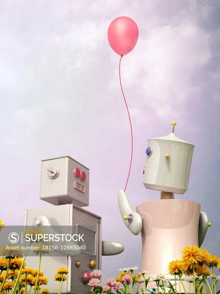 Male and female robot standing with balloon on flower meadow, 3D rendering