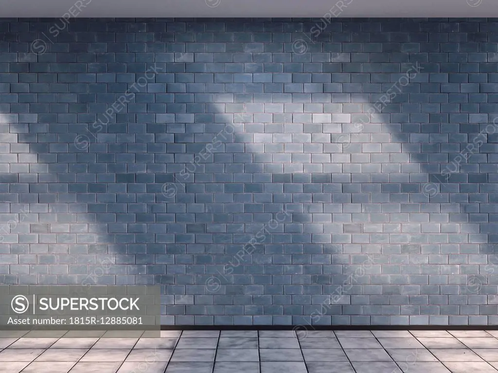 3D rendering of interior blue tiled wall and concrete floor