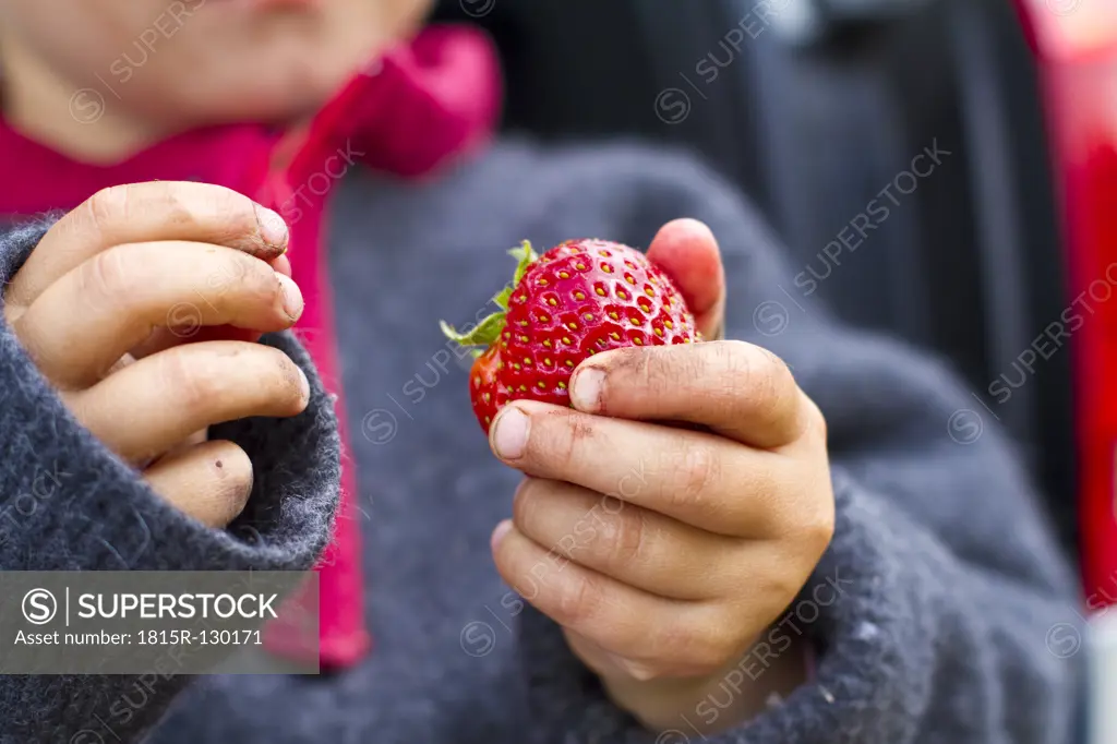 Girl holding strawberry in her hand, close up